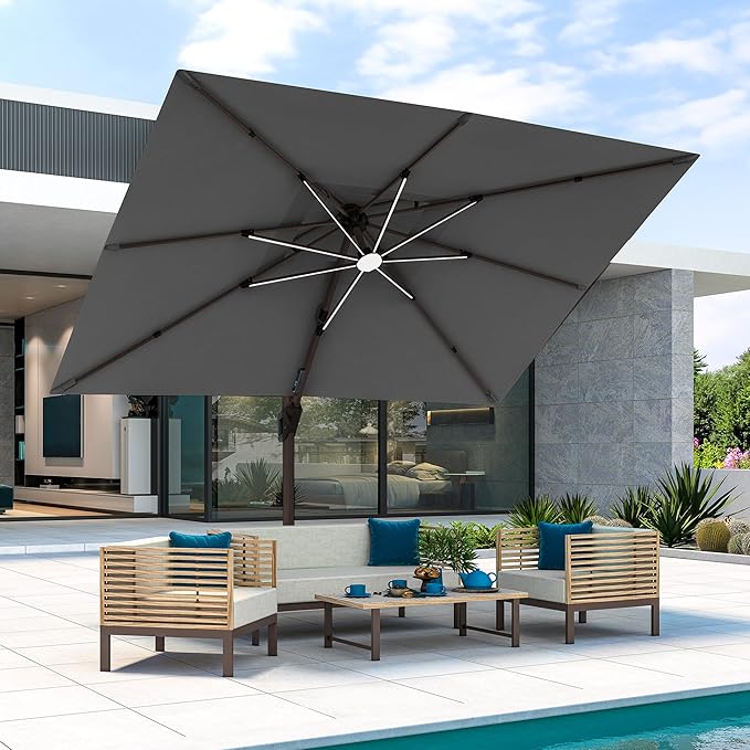 JZAC & QZYD 9x12 FT Outdoor Cantilever Patio Umbrella with LED Lights, Large Heavy Duty 2-Tier Aluminum Offset Umbrellas with 360-Degree Rotation for Pool Deck, Grey