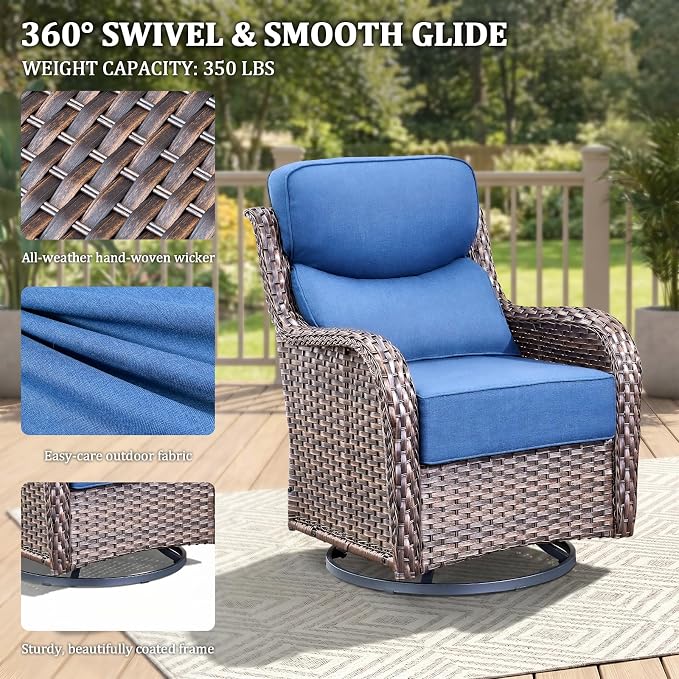 Luxury Swivel Rocker Chairs Set with 6" Thick Cushion 5 piece Wicker Outdoor Swivel Rocker Patio Chair with Ottoman High Back Comfortable Outdoor Patio Furniture Set - Brown | Blue