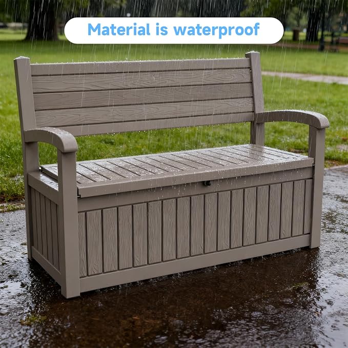 70 Gallon Outdoor Storage Bench， Waterproof and Lockable Outdoor Storage Box, Durable Resin Deck Box for Patio, Backyard, Garden, Porch(Grey)