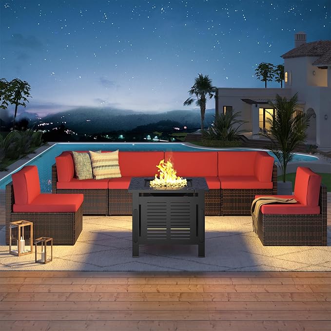 U-MAX 7 Piece Outdoor Patio Furniture Set with Extra 30 Inch Fire Pit Table, PE Rattan Wicker Sofa Set, Outdoor Sectional Furniture Chair Set with Cushions and Tea Table, Brown Rattan&Red Cushion