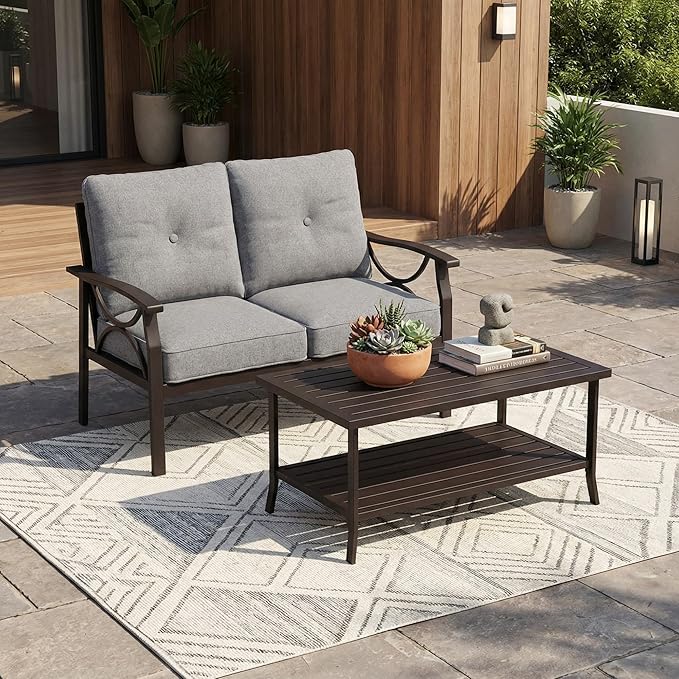 RoyalCraft Outdoor Patio Furniture Set, 2 Piece Patio Conversation Set, Metal Furniture Set with Loveseat for Porch Backyard,Khaki Metal Furniture with Gray Cushions