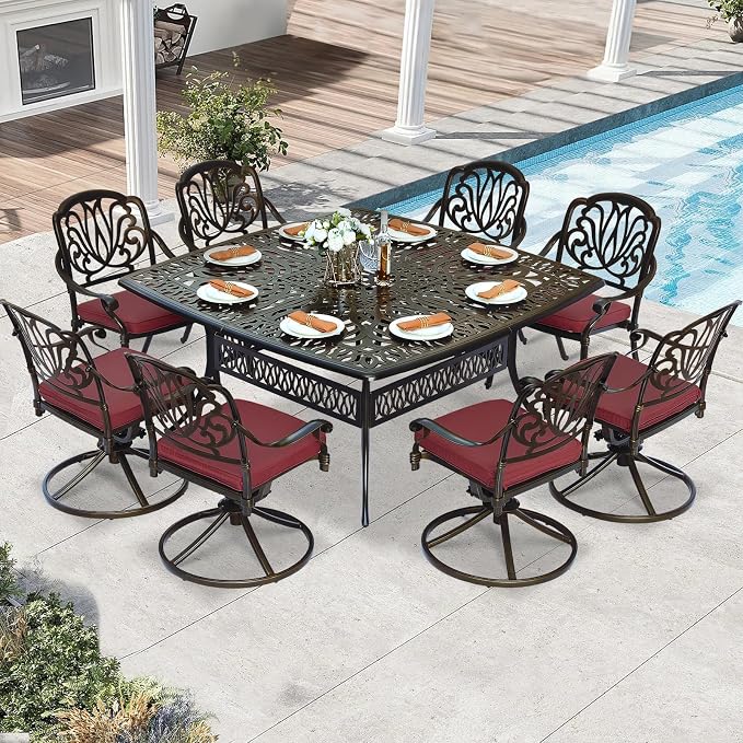 9 Piece Outdoor Patio Dining Set for 8, Cast Aluminium Large Square Dining Table & 4 Swivel Rocker Chairs, 4 Stationary, 8 Cushions, Umbrella Hole, Patio Furniture Set for Garden, Chili Red