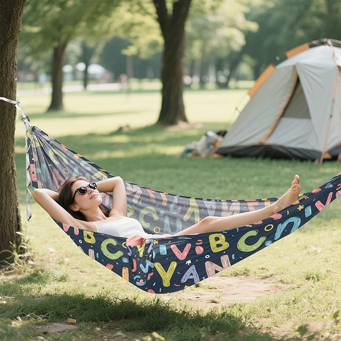 Camping Hammock Outdoor Hammocks for Outside English Hand Drawn Beach Trees Portable Lightweight with Pockets Tree Straps Indoor