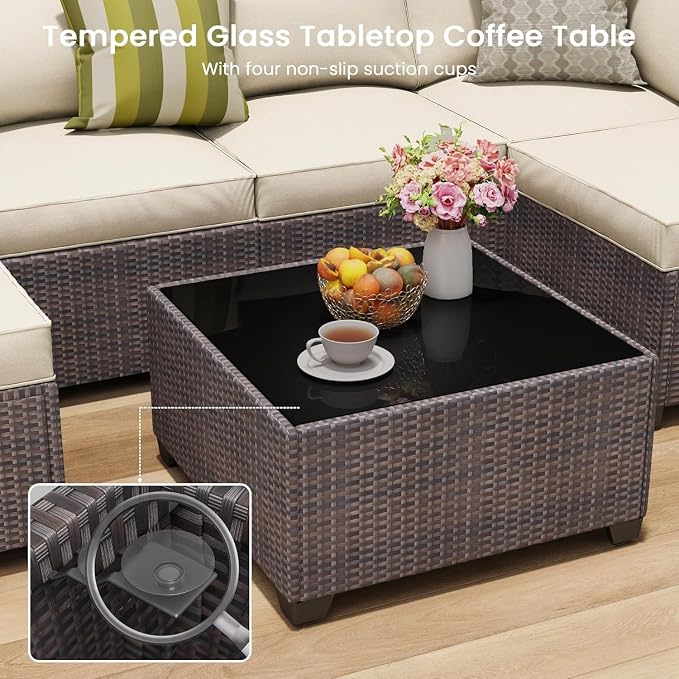 7 Piece Outdoor Patio Furniture Set with Modular Rattan Wicker Sectional Sofa Couch, Water Washable Thick Cushions, Modern Outdoor Conversation Set with Coffee Table for Garden(Beige)