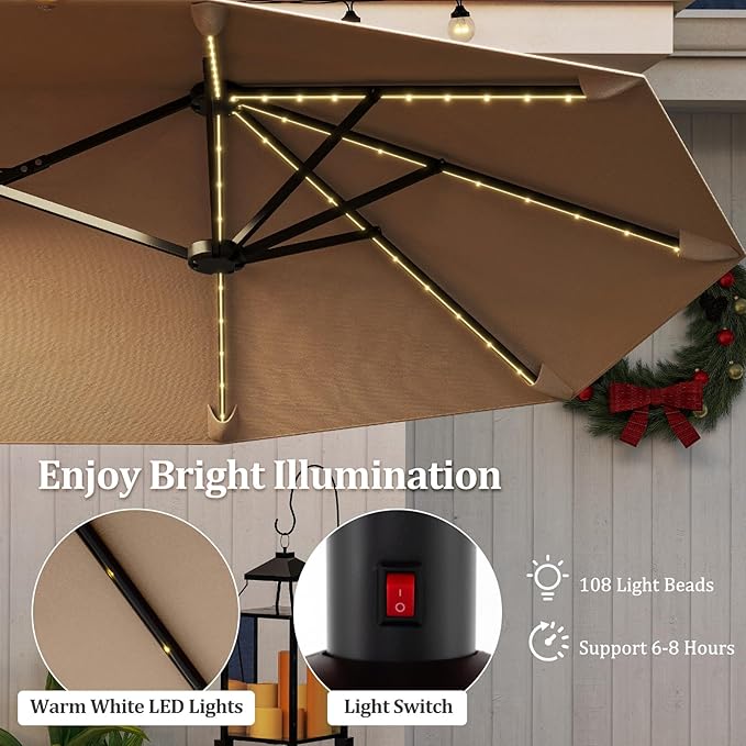 HAPPYGRILL 13 FT Double-sided Patio Umbrella with Solar Lights, Crank Handle & 12 Heavy-Duty Ribs, Outdoor Twin Size Oversized Rectangle Market Umbrella for Garden Deck Poolside