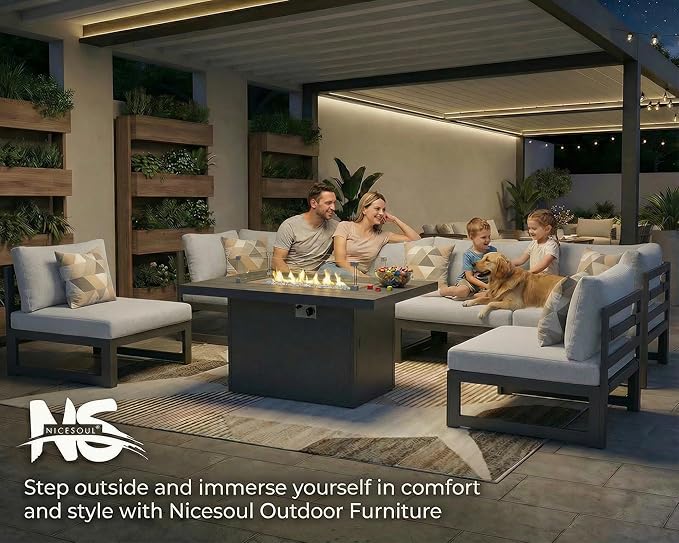 NICESOUL 15 Piece Oversized Aluminum Outdoor Patio Furniture Set with Fire Pit Table & Side Table, 29" Deep Wide Sectional Seating, 500 lbs High Weight Capacity Conversation Set for Deck, Light Gray