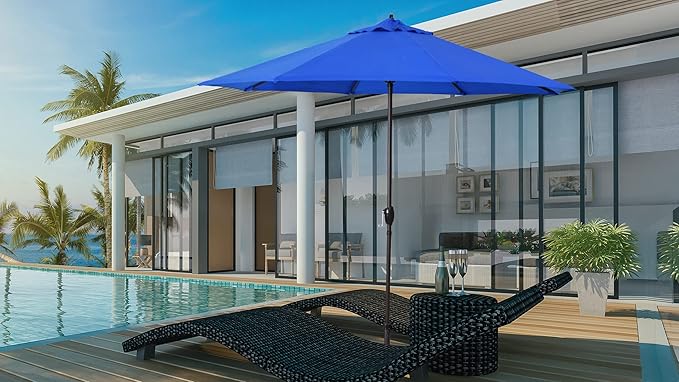 California Umbrella 9' Rd Sunbrella Aluminum Patio Umbrella, Crank Lift, Auto Tilt, Bronze Pole, Pacific Blue