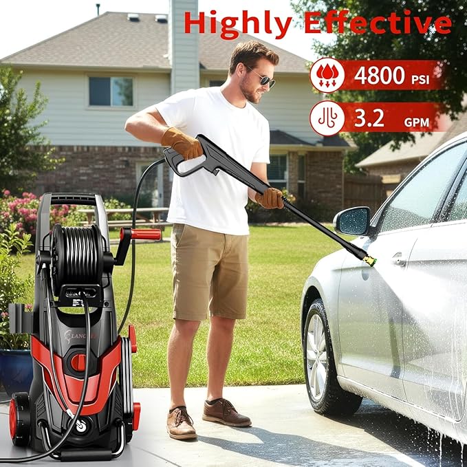 2026Upgraded Pressure Washer 4800PSI w/4 Quick Connect Nozzles, Inlet Hose & Filter&500ML Soap Tank, High Cleaning Machine for Cars/Fences/Driveways/Patios/Home Cleaning,Red