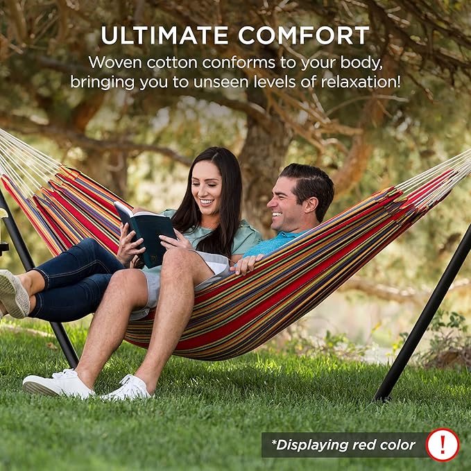 Best Choice Products Double Hammock with Steel Stand, Indoor Outdoor Brazilian-Style Cotton Bed w/Carrying Bag, 2-Person Capacity - Steel