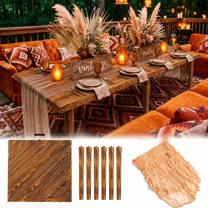 Novabright 8 Person 30 x 60 Inches Boho Table Low Folding Picnic Table Beach Portable Low Wood Floor Event Foldable Garden Wedding Party Camping Picnic with Runner Set(Dark Brown)