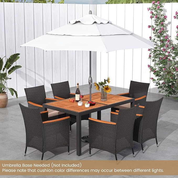 Tangkula 7 PCS Outdoor Dining Set, Patio Conversation Set with Acacia Wood Tabletop, Umbrella Hole, Removable Seat Cushions, Wicker Dining Table & Chair Set for Garden Yard Poolside