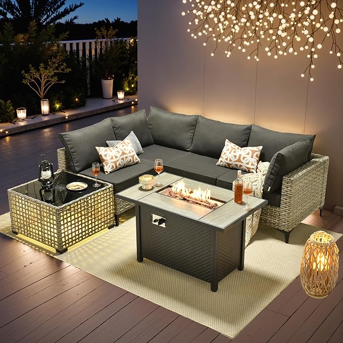 Outdoor Patio Furniture Sets,6 PCS Patio Conversation Set Outside Rattan Sectional Sofa with 42 in Fire Pit Table&Coffee Table Fit Backyard Porch Garden Poolside Balcony