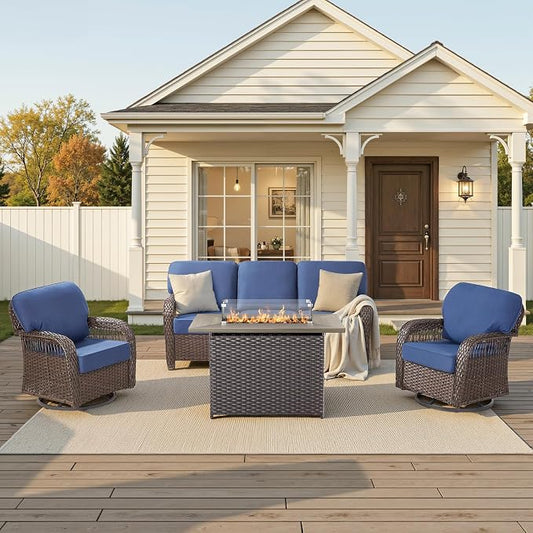 4 PCS Patio Furniture Set with Fire Pit Table, Sectional Sofa Couch with Rocking Swivel Chairs 5" Deep Seat Chairs, Modern Wicker Rattan Conversation Set, Blue/Brown Wicker