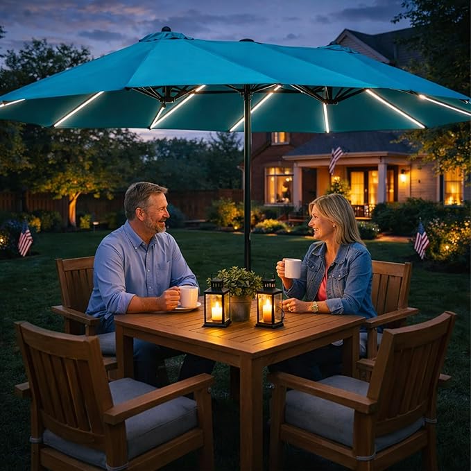 Kozyard 15 FT Rectangular Double-Sided Patio Umbrella with Solar Lights, Outdoor Patio Umbrella with Crank Lift, Base Included, UV-Resistant for Pool, Backyard & Garden Blue