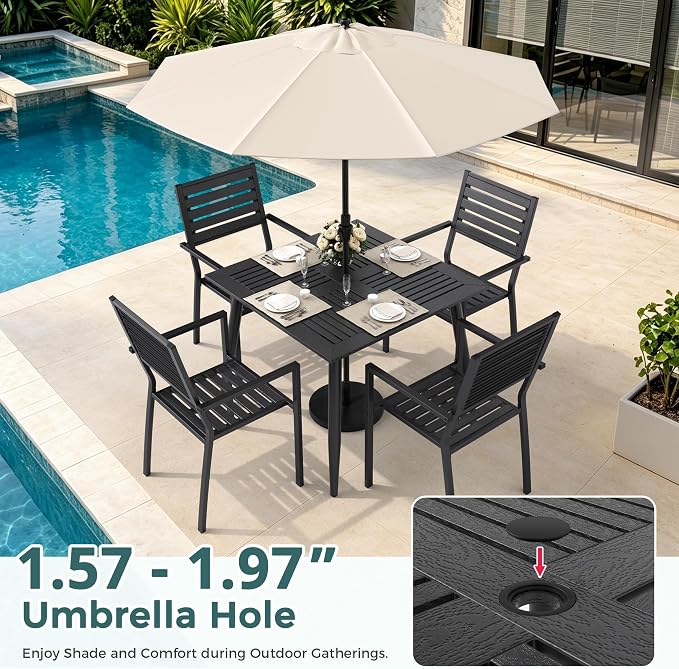 Pamapic 5-Piece HDPE Outdoor Dining Set, All-Weather Patio Furniture Set with Powder-Coated Iron Frame, Outdoor Table & 4 Stackable Chairs for Garden, Backyard, Poolside, Deck