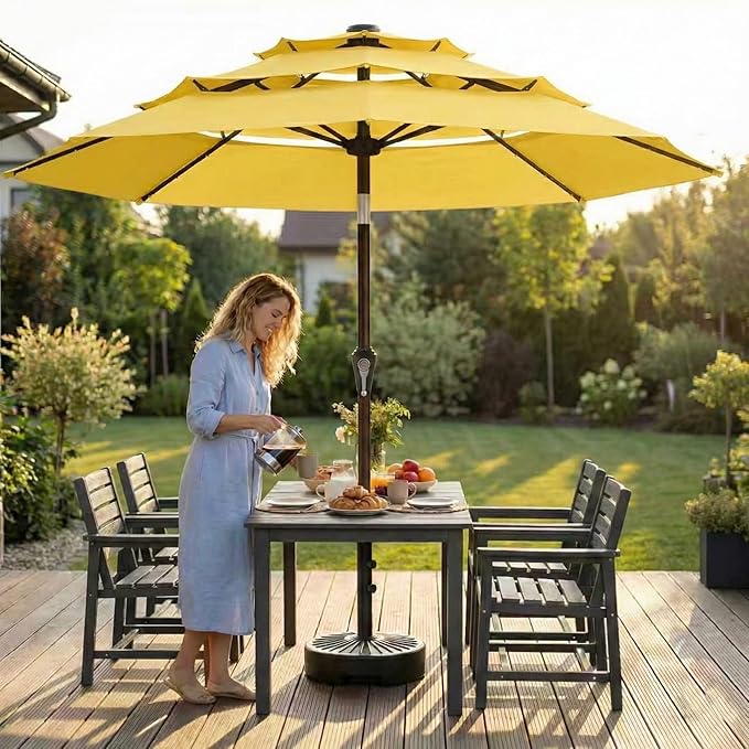 10ft 3-Tier Patio Umbrella with 32 Solar Powered LED Lights, Windproof Outdoor Market Umbrella for Deck, Poolside & Garden, Sturdy Push-Button Tilt Table Umbrella, Yellow