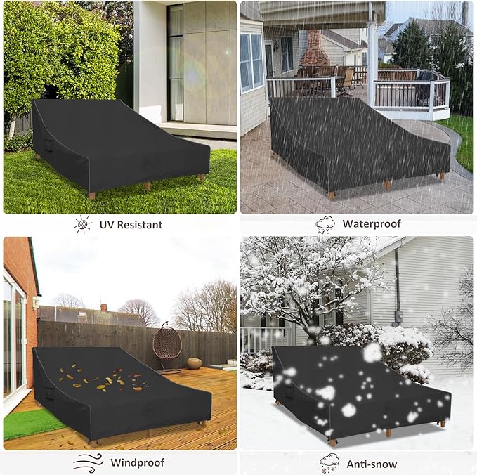 Double Chaise Lounge Cover Waterproof Heavy Duty 82Inch Double Wide Patio Chaise Lounge Chair Covers-Black