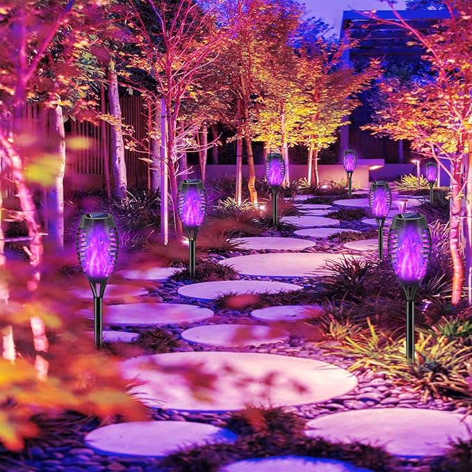 Purple Solar Lights Outdoor, 8 Pack Solar Flicker Flame Torch Lights Waterproof 12 LED Mini Tiki Torch Lights for Outside Landscape Garden Pathway Dusk to Dawn Auto On/Off
