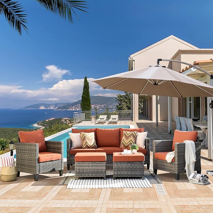 ovios 5 Pieces Patio Furniture Set, Outdoor Wicker Sofa Couch with Chairs Comfy Cushions, All Weather Grey Rattan Conversation Set for Backyard Deck Porch, Orange Red