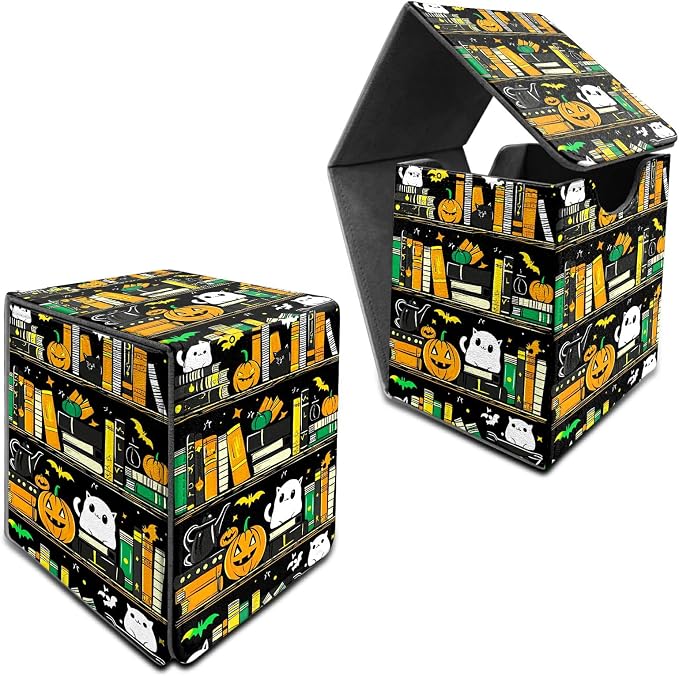 Deck Box for MTG, Cards Storage Box Fits 120+ Sleeved, Leather Medium Size Strong Magnetic Closing Card Case for Board Games Magic TCG CCG Baseball Collection, Pumpkin Books