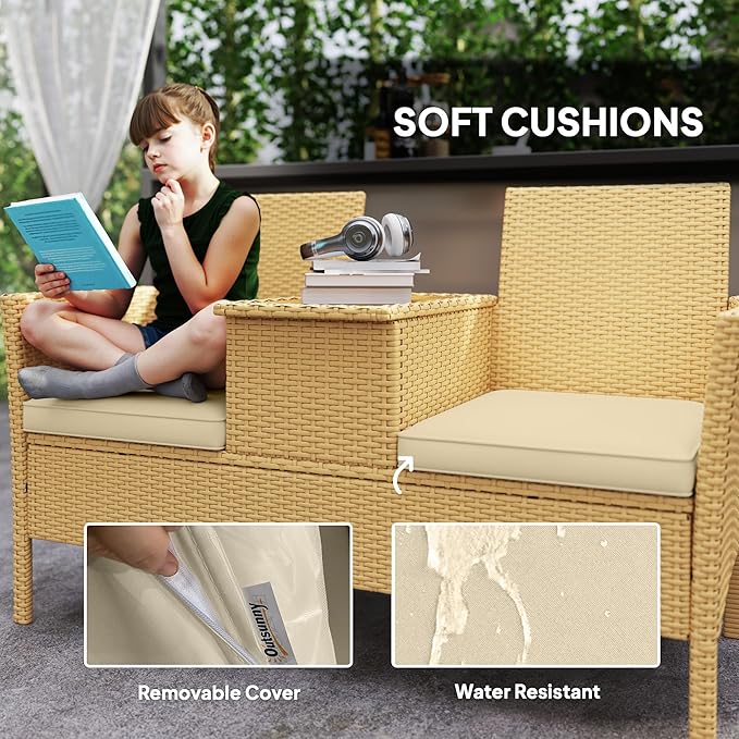 Chair with Center Table, Patio Loveseat for Garden Porch, Chairs with Coffee Table, Patio 2-Seat Chair,Outdoor Patio Loveseat Modern Patio Conversation Set & Built-in Coffee Table Porch Furniture