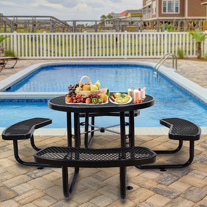 Heavy Duty Picnic Table for Outdoors 3200 lbs Load All Metal Dining Table with Umbrella Hole up to 1.5", Round Camping Table for Commercial Picnic Table with Benches, Black