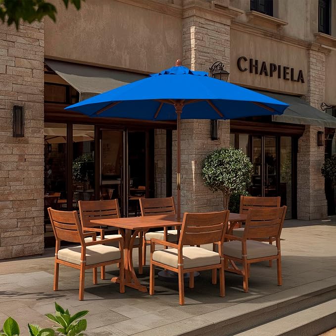 California Umbrella 9' Premium Commercial Hardwood Patio Umbrella, Manual Lift With Pacifica Pacific Blue Fabric