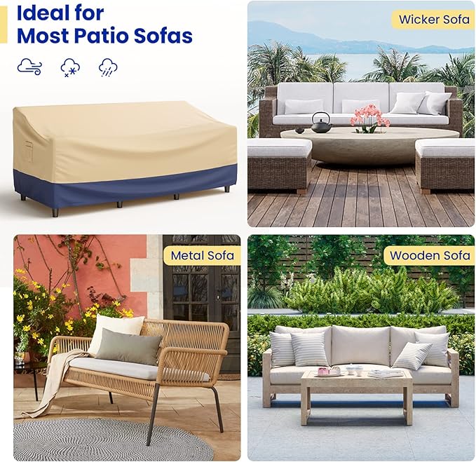 Tangkula Patio 3-Seater Waterproof Outdoor Deep Sofa Cover with Padded Handle & Click-Close Straps, Air Vent, Heavy Duty PU Couch Cover, 77" W x 43" D x 29.9" H