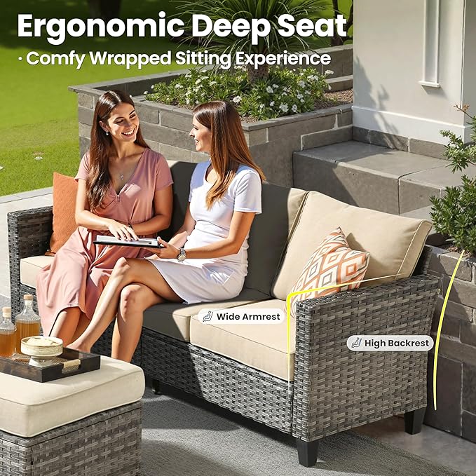 ovios Patio Furniture Set, 9 Pieces Outdoor Wicker Sofa Couch with 6 Chairs, Ottomans and Comfy Cushions, All Weather High Back Rattan Conversation Set, Beige