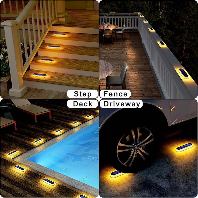 DetarZinLED Solar Deck Lights, 6 Pack Waterproof LED Path Lights, Outdoor Solar Step Lights, Solar Powered Light Bar for Stairs, Driveway, Walkway, Pathway, Dock, Porch, Warm White