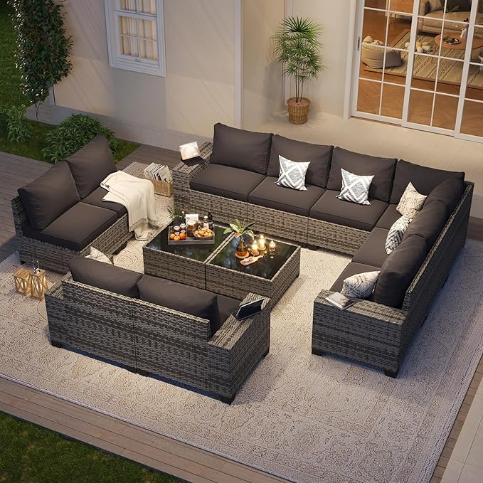 Aoxun Patio Furniture Set, 12 Pcs Outdoor Patio Furniture Sets with 4 in Thicken Cushion, Widen Armrests Wicker Outdoor Sectional for Backyard (Waterproof Cover Include)