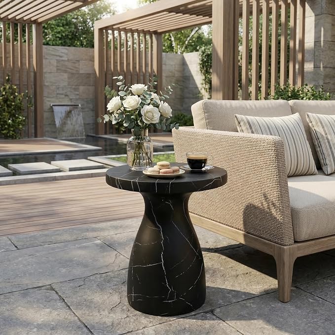 Outdoor Side Table Faux Marble End Table Faux Stone Side Tables Travertine Small Coffee Tables for Indoor Outdoor, Garden Stool Plant Stand for Porch, Backyard Patio, 20"*23"-Black