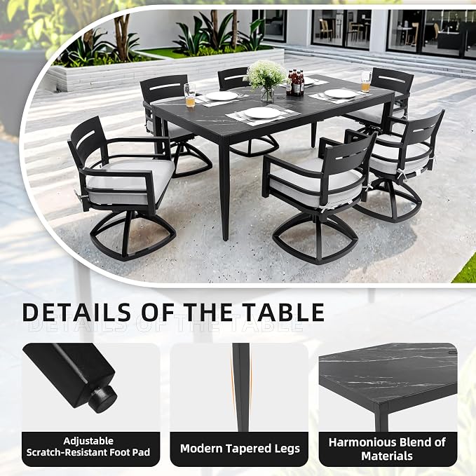 Luxury Outdoor Aluminum Dining Table for 6-8, Rectangular Patio Table with Black Marble Pattern Sintered Stone Top, Post Tapered Legs for Garden, Lawn, Weatherproof & Rust-Free