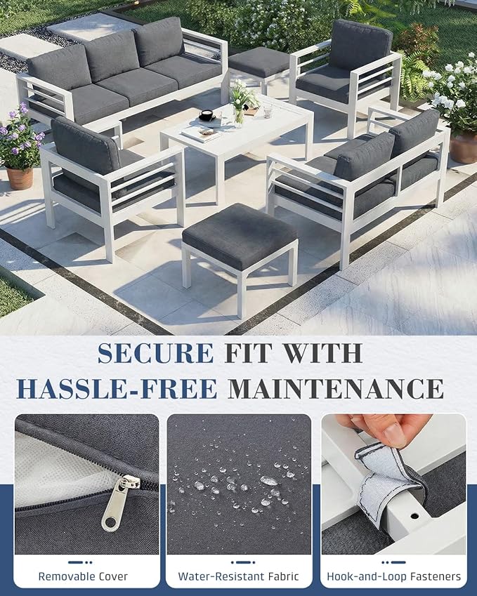 AECOJOY Aluminum Patio Furniture Set, 9 Seats Modern Outdoor Furniture with Coffee Table, 7 Pieces Metal Conversation Sectional Sofa, White Frame/Dark Gray Cushion