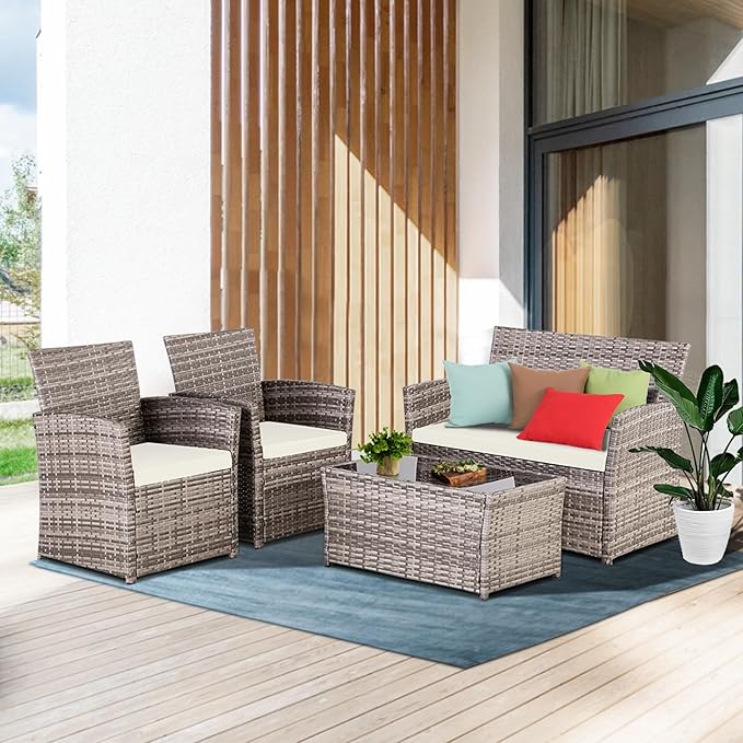FHFO 4 Piece Outdoor Patio Furniture Set, Wicker Conversation Set, Rattan Table and Chairs and Loveseat with Cushions for Outside Balcony Porch Backyard (Gray-Beige)
