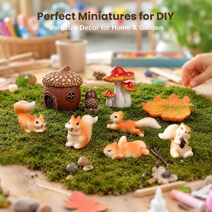 Fairy Garden Accessories, 9 Pieces Squirrel Resin Figures with Pinecone House Mushroom Leaf, Handmade Miniature Decor, Garden Miniatures Decors for Outdoor Home, Perfect DIY Gift
