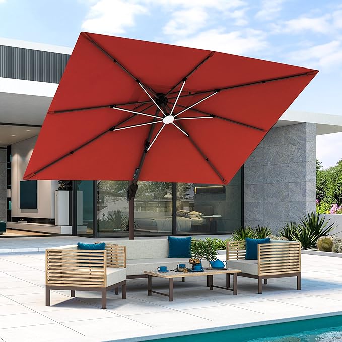 JZAC & QZYD 9x12 FT Outdoor Cantilever Patio Umbrella with Base Included and LED Lights, Large Heavy Duty 2-Tier Aluminum Offset Umbrellas with 360-Degree Rotation for Pool Deck, Red
