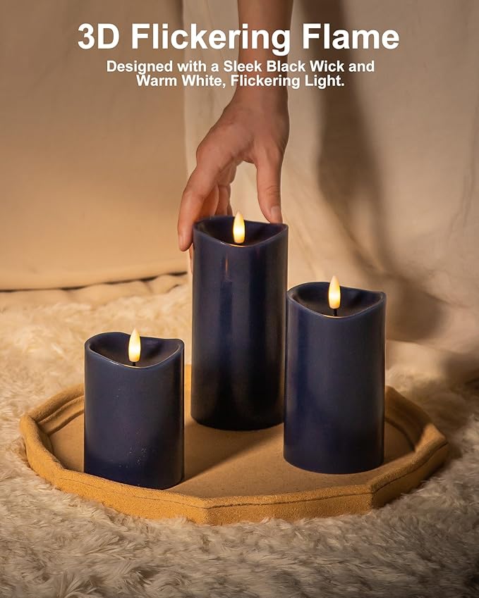 Navy Blue Flameless Candles with Remote and Timer, Real Wax Made LED Pillar Candles Battery Operated with 3D Flickering Flame Melted Top, 3" x 4",5",6", Navy Blue Decor, Set of 3
