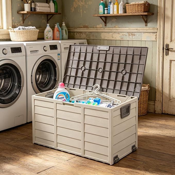 75 Gallon Large Outdoor Storage Box, Indoor and Outside Deck Box with Lockable Design Lids, Waterproof Resin Storage Containers Bin for Garden, Garage, Patio, Poolside, Toy Storage Brown