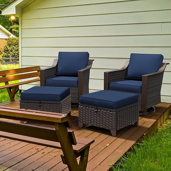 Patio Metal Wicker Swivel Chairs with Ottomans Set of 2, Conversation Furniture Set - 360 Degree Glider Rocker Chairs | 2 Wicker Ottomans, Washable Cushions, Metal armrests (Navy Blue)