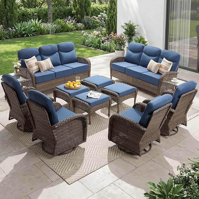 Outdoor Swivel Rocking Chair Patio Set (12pcs) High-Back - Thick Cushion Swivel Rocking Chair Patio with Sofa Set, All-Weather Wicker Patio Furniture Set, Suitable for Balcony Patios, Brown/Blue