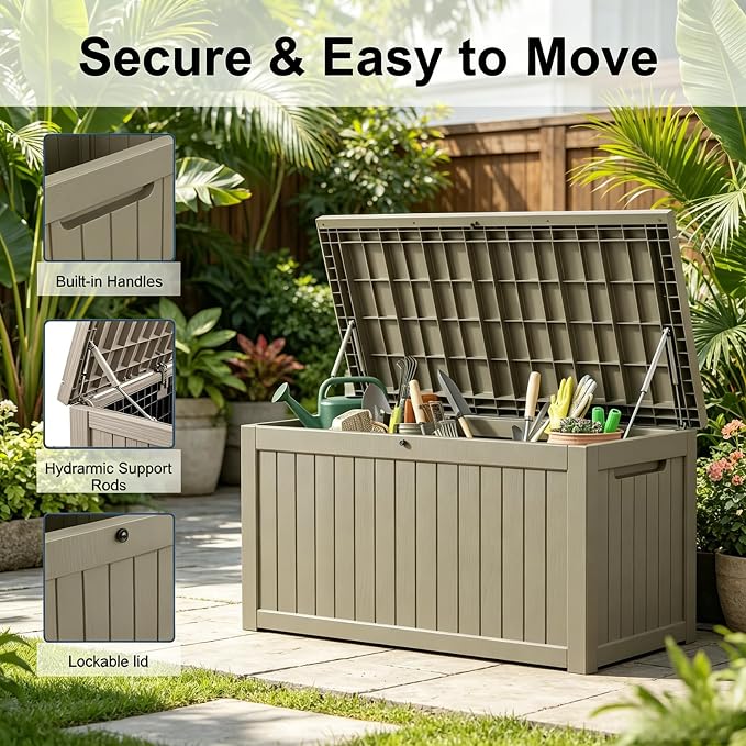 MAKINO 275 Gallon Resin Outdoor Storage Box, Waterproof Deck Box with Lockable Lid, Outside Storage Box for Patio Furniture, Pool Accessories, Garden Tools, Storage Bench for Backyard, Gray Brown
