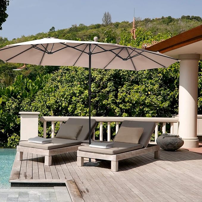 Tangkula 15 Ft Patio Umbrella Double-Sided Outdoor Market Table Umbrella with Crank (Beige)