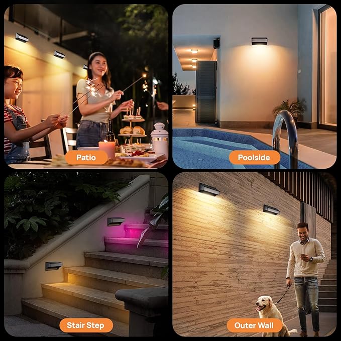 Solar Deck Lights 4 Pack Outdoor Waterproof - Step Lights for Stairs & Fence, 8 Color Changing Security Lighting with Auto On/Off, Wall Lights for Patio/Yard/Pathway (Warm/Cool White + RGB)