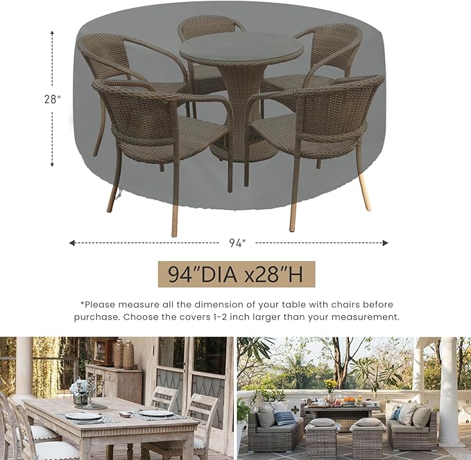 SheeChung Patio Furniture Cover Waterproof,Round 94" Dia x 28" H Outdoor Furniture Covers,Heavy Duty 600D Outdoor Table Chair Set Covers,UV Resistant Cover for Outdoor Dining Set