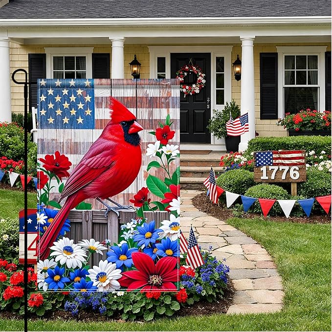 BlissYard 4th of July Cardinal Bird Garden Flag 12x18 Double Sided Patriotic American Yard Red Bird Dogwood Flower Memorial Day Independence Day Holiday Outside Decorations Yard Flag