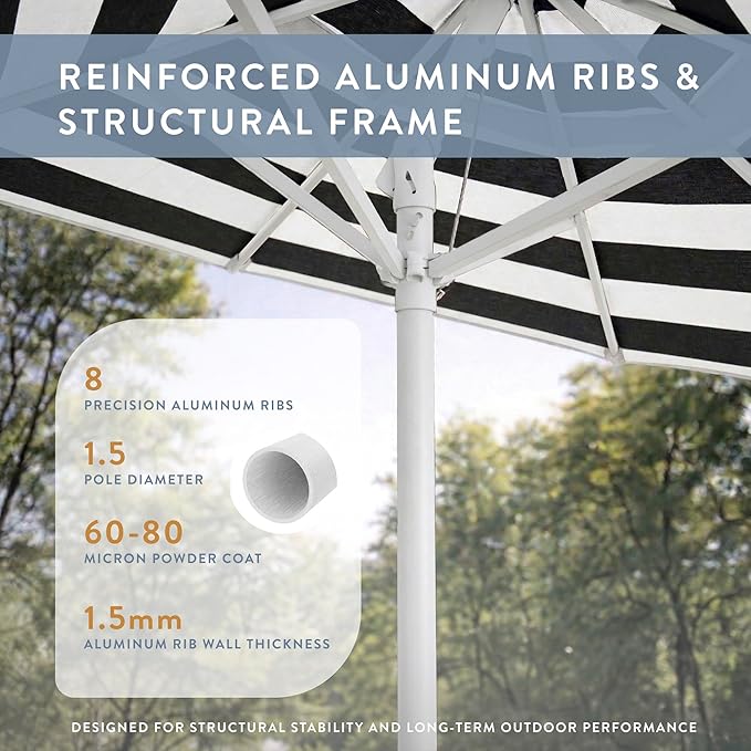 California Umbrella 12-Year Protection 7.5-Ft Outdoor Patio Umbrella, Sunbrella Fade-Resistant Fabric, Auto-Tilt, Heavy Duty Aluminum Frame, 8 Reinforced Ribs for Pool or Deck, White Pole, Cabana Classic