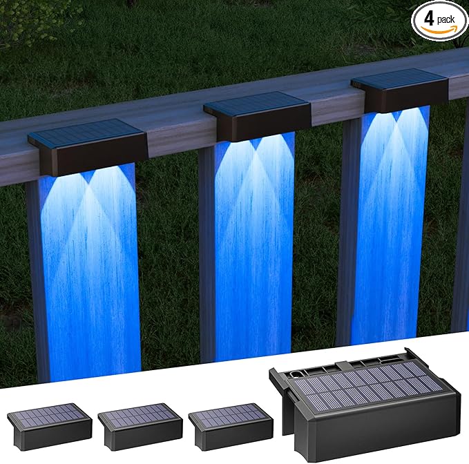 VOLISUN Solar Deck Lights 4 Pack, Warm White, Cool White and RGB Color Glow LED Large Size Lamp, IP65 Waterproof Solar Fence Lights Outdoor for Step, Patio, Fence, Railing, Wall, Stairs