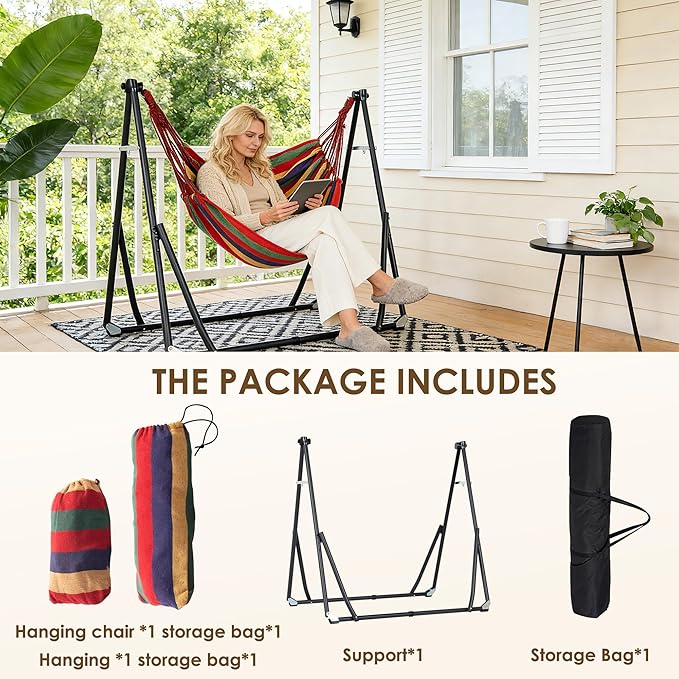 SogesHome 2-in-1 Convertible Hammock Chairs with Stand, 440LBS Capacity, Large Canvas Outdoor Two People Swing Bed, Foldable Portable for Backyard Patio Garden Camping Travel, Colorful Striped