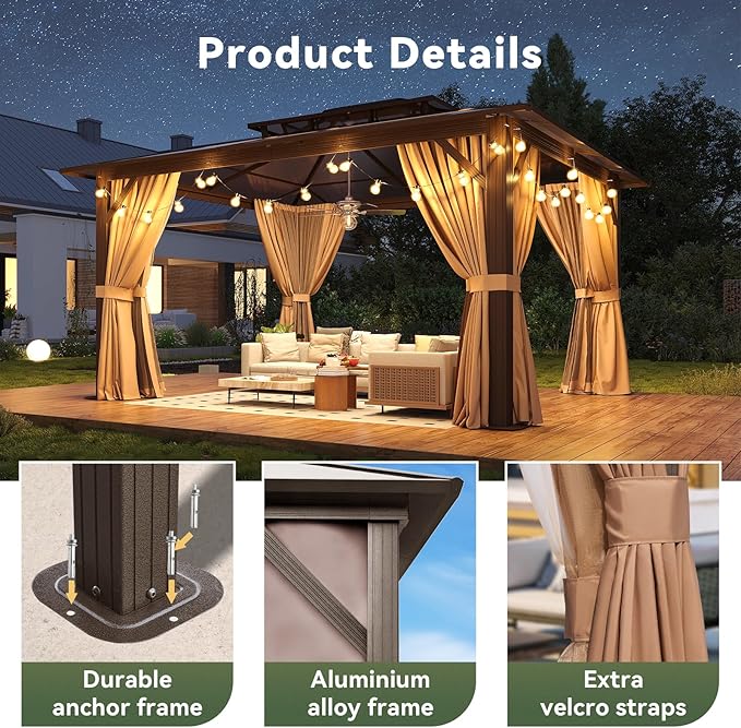 12’x14’ Hardtop Gazebo with Double Polycarbonate Roof Outdoor Metal Gazebo Sturdy Aluminum Frame & Removable Curtains, Netting Permanent Pavilion Pergola for Garden,Patio,Lawn (Brown)
